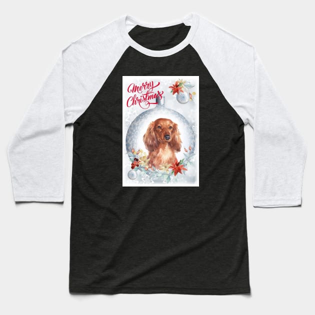 Long Haired Dachshund Merry Christmas Santa Dog Baseball T-Shirt by Puppy Eyes